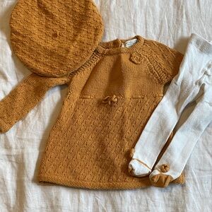 Rachel Zoe Mustard Knit Dress with Matching Beret and White Tights